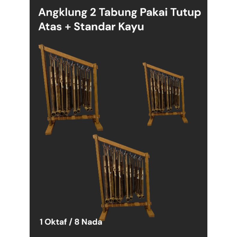 Angklung Bambu Hitam 1 Oktaf (8 Nada/Angklung) 2 Tabung dengan Topi dan Standar Kayu