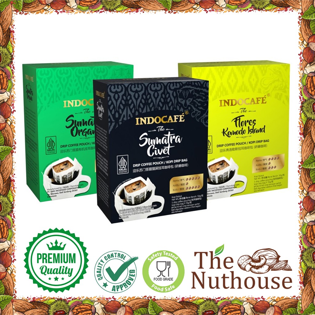 

Indocafe Drip Coffee Pouch / Kopi Drip Bag - The Flores Komod Island / Sumatra Organic / Sumatra Civet / Sumatra Madhelina / Java