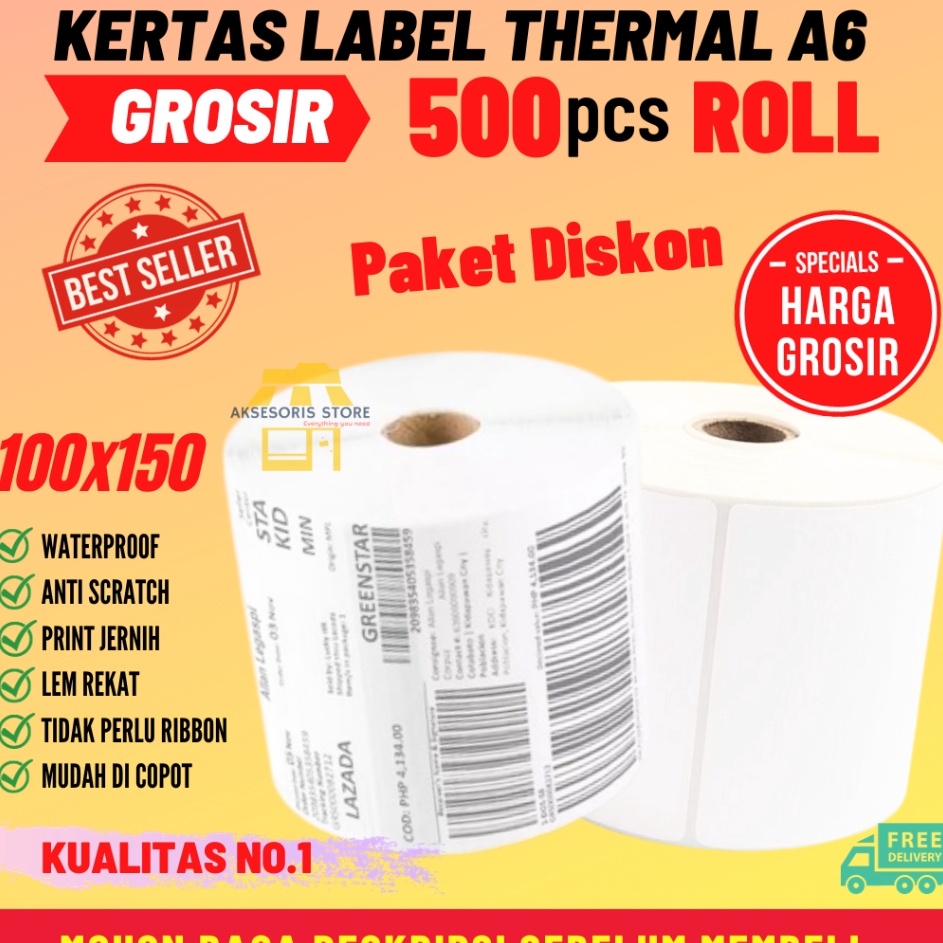 

KERTAS THERMAL LABEL STICKER 1X15 5PCS ROLL UKURAN A6 RESI BARCODE