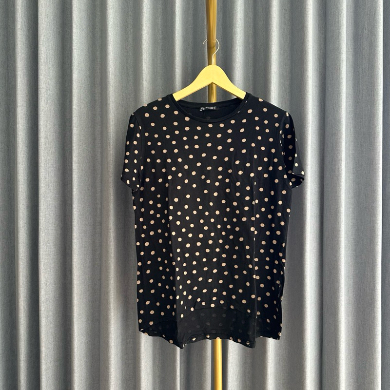 𝙋𝙍𝙀𝙇𝙊𝙑𝙀𝘿 Zara Black Polka Dot Short Sleeve Oversized Basic T-Shirt Blouse Wanita Branded