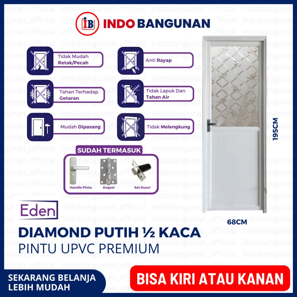PINTU KAMAR MANDI WC 1/2 KACA ALUMUNIUM KUAT TAHAN CUACA 65X198 EDEN DIAMOND PUTIH