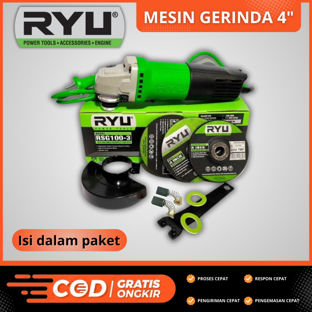 Mesin Gerinda Tangan 4" Free Batu Potong dan Batu Poles Mesin Potong Besi Kayu Pvc Alumunium Keramik