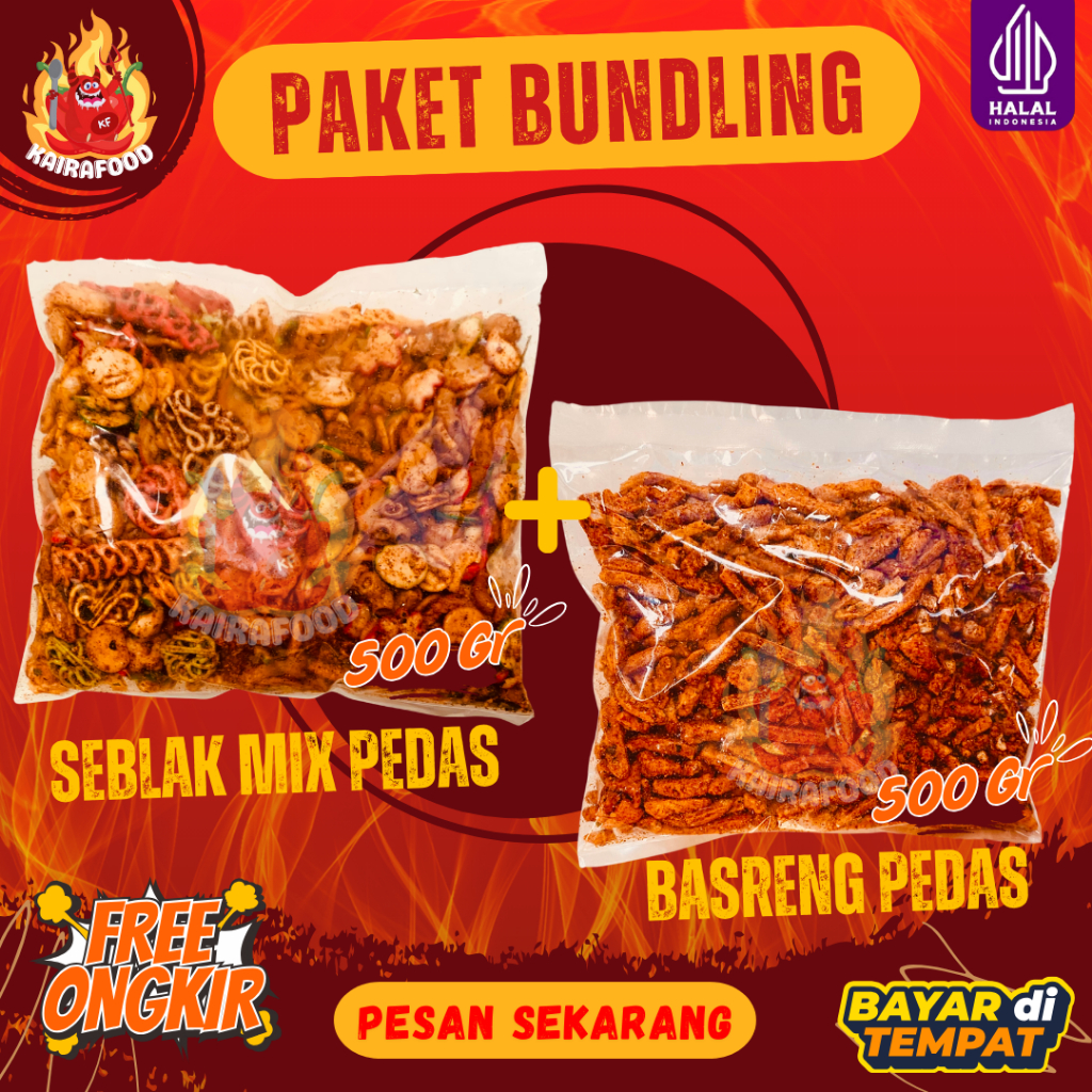 

PAKET BUNDLING 500 GR SEBLAK MIX PEDAS DAUN JERUK + 500 GR USUS | BASRENG | MAKARONI | JENGKOL | BETON