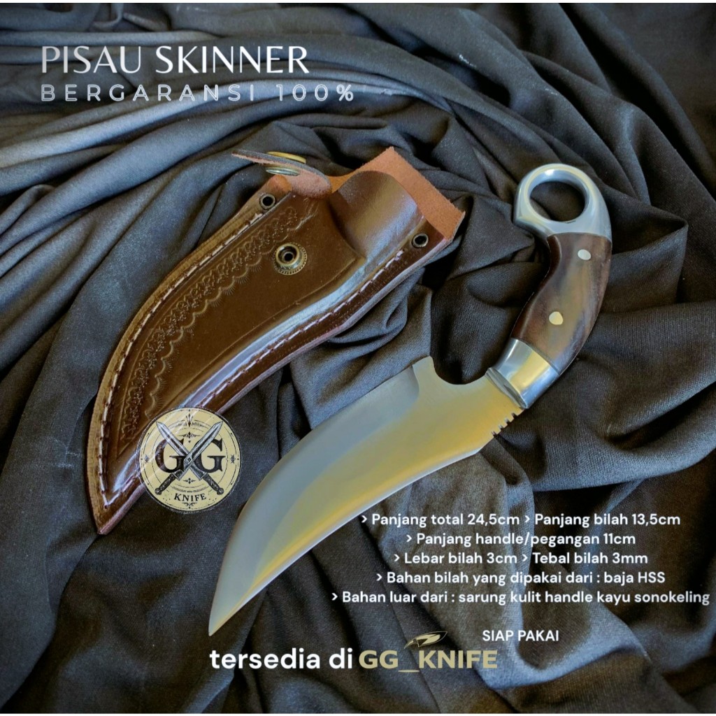 Pisau Skiner Hss Panjang 13,5cm Sarung Kulit Pisau Daging