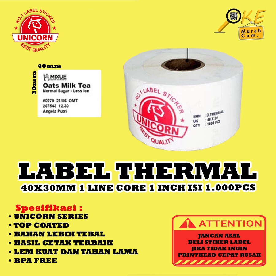 

Stiker Label Barcode Thermal 40x30 mm / 40x30mm / 4x3cm 1Line core 1 inch Isi 1.000pcs