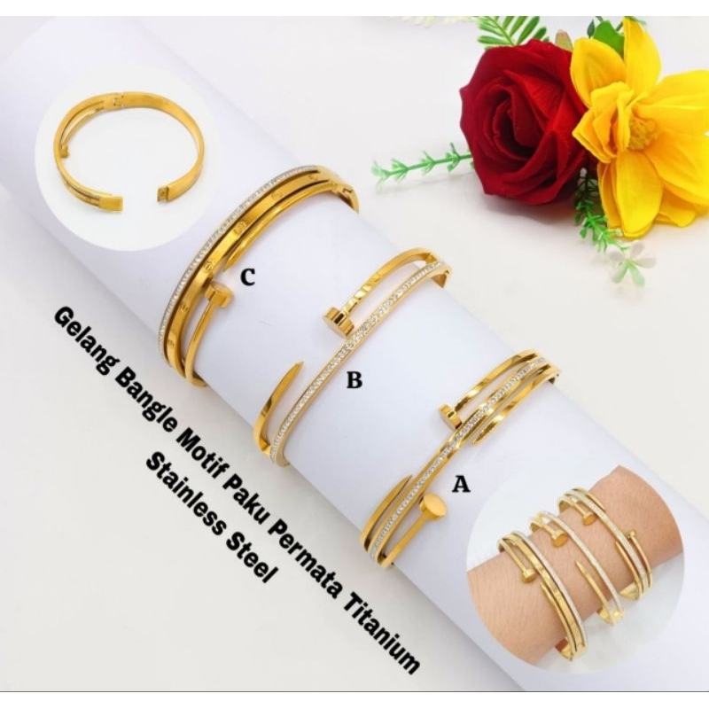 GELANG BANGLE MOTIF PAKU PERMATA TITANIUM ANTI KARAT DAN ANTI LUNTUR PERHIASAN LAPIS EMAS 24K ASLI O