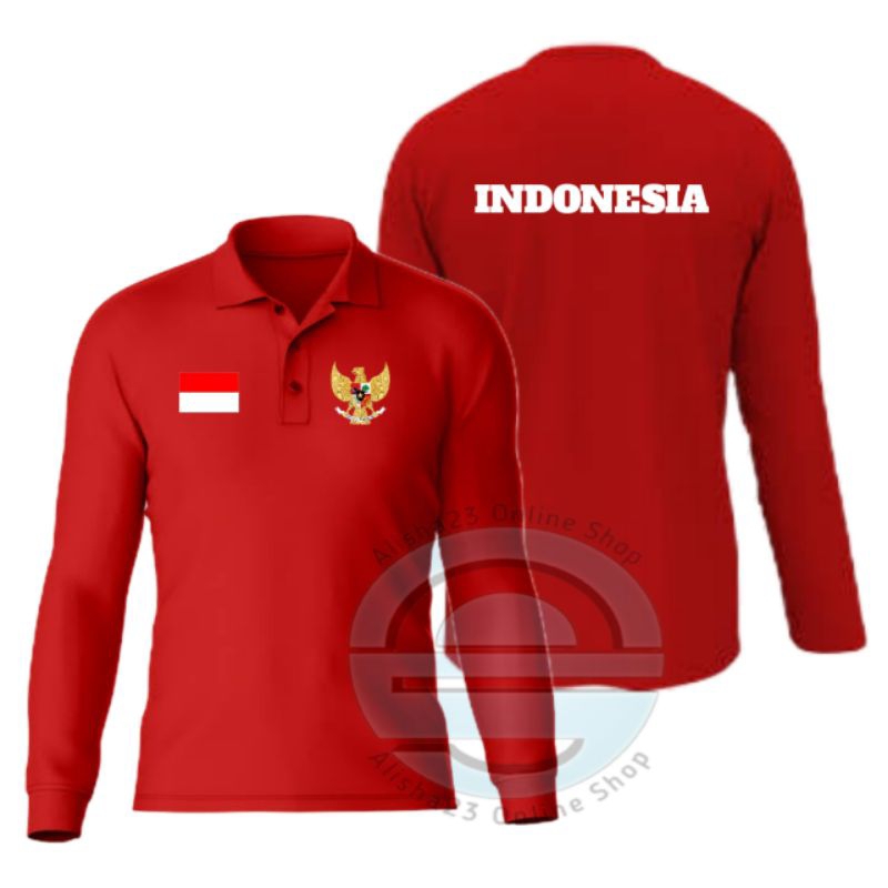 Kaos Polo Merah Kerah logo Indonesia Lengan Panjang Uniseks Dewasa Baju Berkerah Pria Wanita Putih G