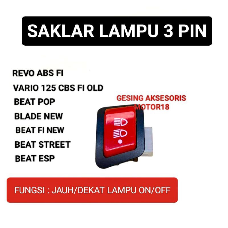 Saklar Tombol  Merah Vietnam Saklar on off Jauh Dekat Lampu Universal 3 pin Beat Vario Scoopy Revo