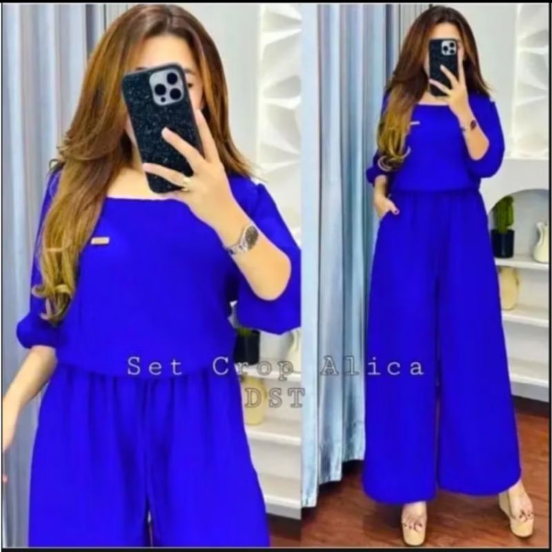 One Set Cringkel Wanita Jumbo Setelan Alica Set Crop Top Wanita Kekinian / Baju Setelan Cringkel Air