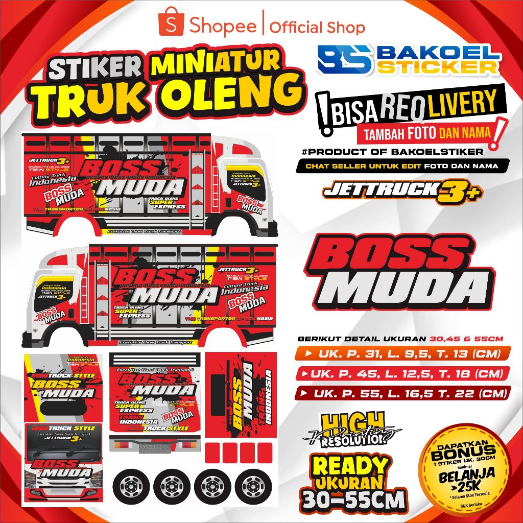 STIKER MINIATUR TRUK OLENG BOSS MUDA UK. 45/30CM