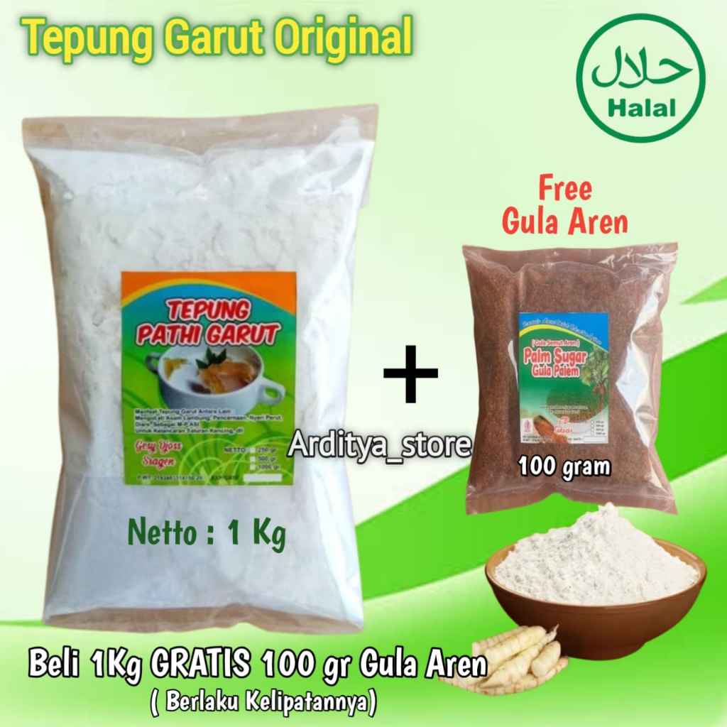 

( BPOM ) Tepung garut asli 1 kg gratis gula aren 100 gram / tepung pati garut obat asam lambung.