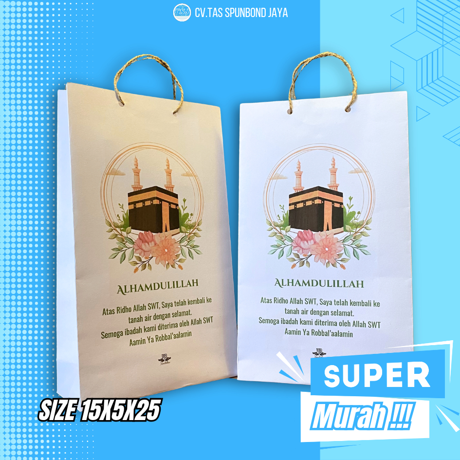 

GOODIEBAG PAPERBAG TAS HAJI UMROH READY SIAP KIRIM SABLON FULL COLOR UNIK MUAT ISI BANYAK KUAT MURAH BERKUALITAS