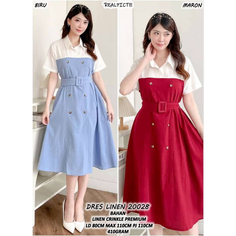 Gaun Linen Crinkle Premium DRES 20028 A3T - Warna Biru & Maron - Panjang, Dewasa, Midi, Pesta, Pende