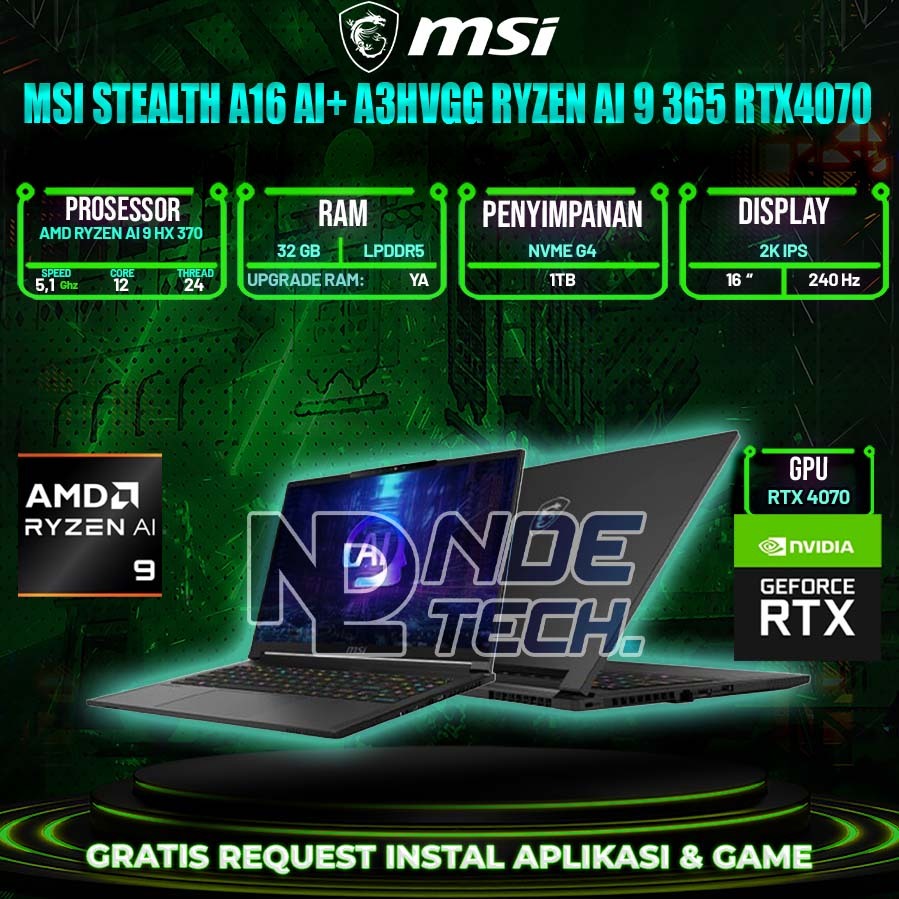 MSI Stealth A16 AI+ A3HVGG Ryzen AI 9 365 RTX4070