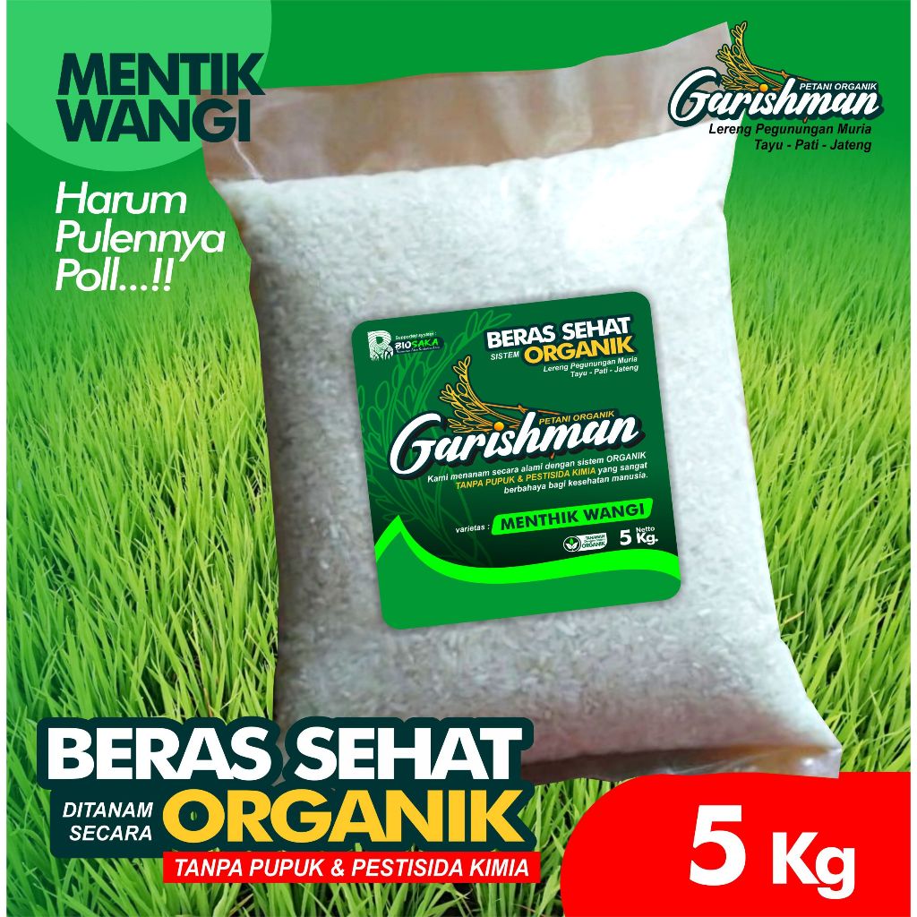 

Beras Organik Mentik wangi.aroma harum lembut & pulen kemasan 5 kg | Beras Sehat | beras bramo mbramo Organik