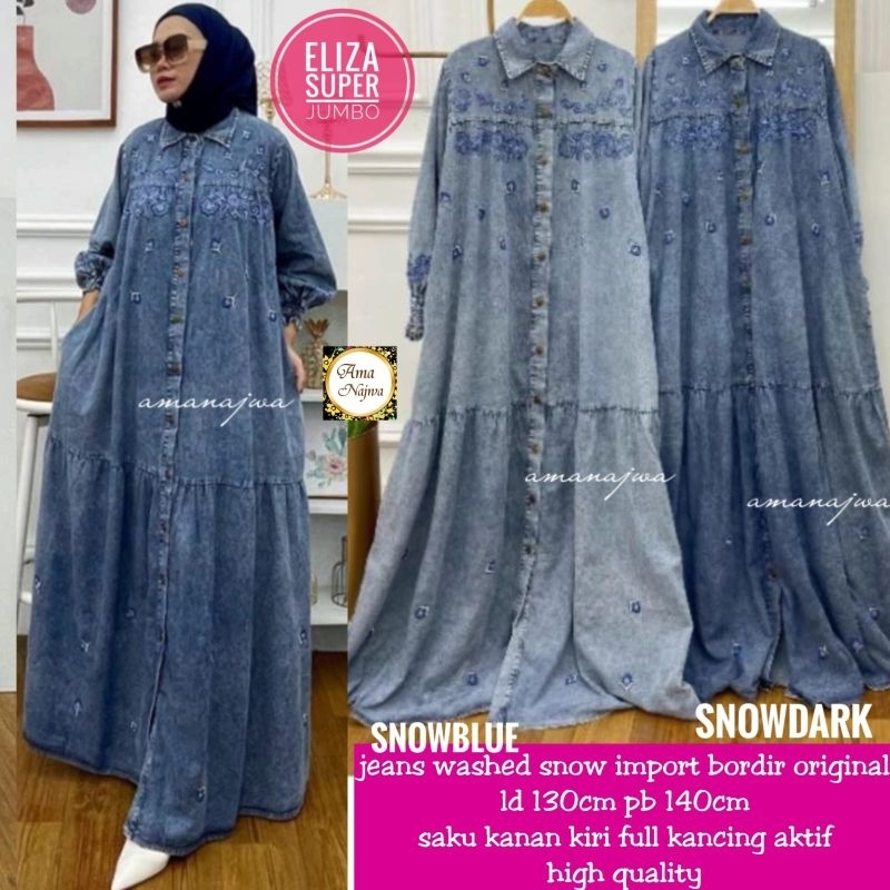 Eliza Dress  Maxy Gamis Polos Jeans Snow Bordir Bunga Ld 130-150 Jumbo Fit XXXL Busui Kancing By Amj