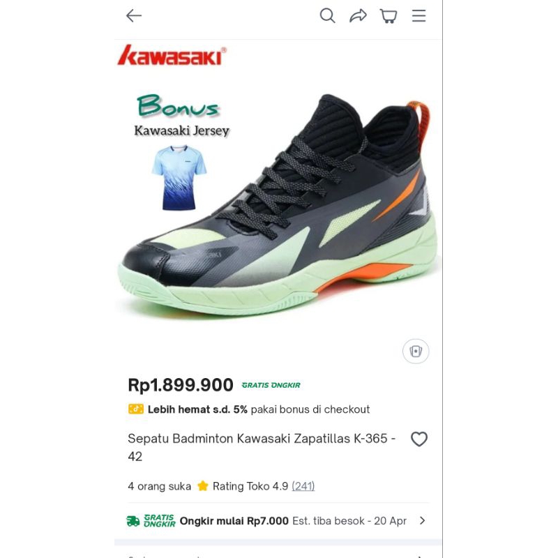 Sepatu Badminton Kawasaki Zapatillas K-365 Second