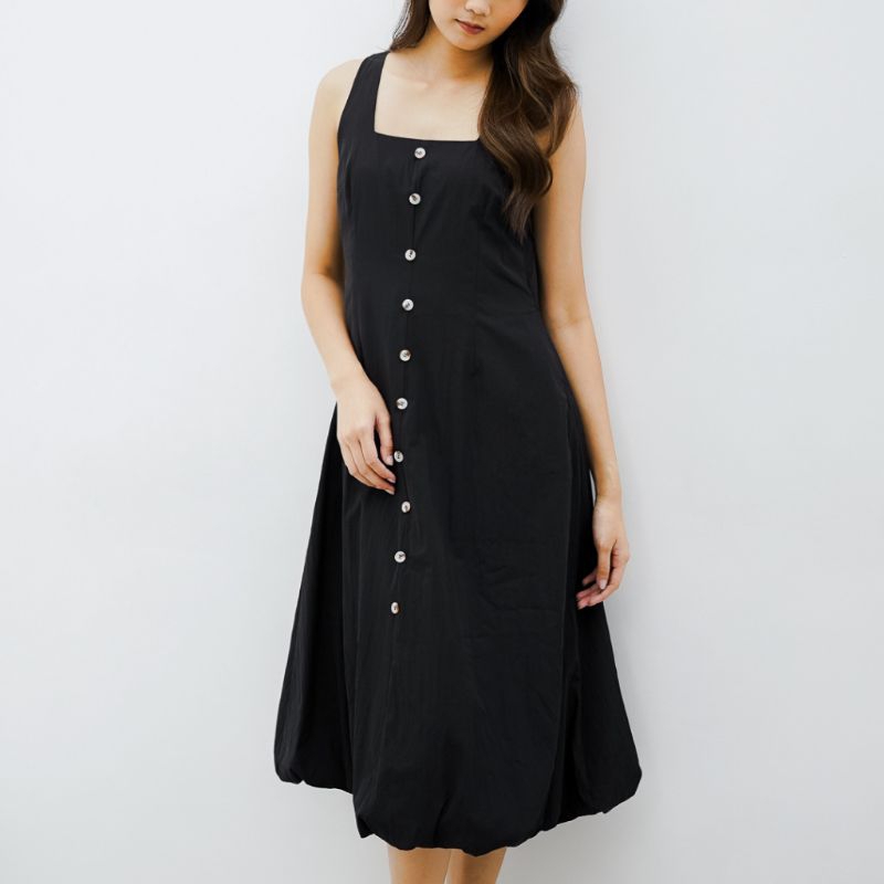 Gaun Maxy Balon Wanita Tanpa Lengan Viatte Dress Black