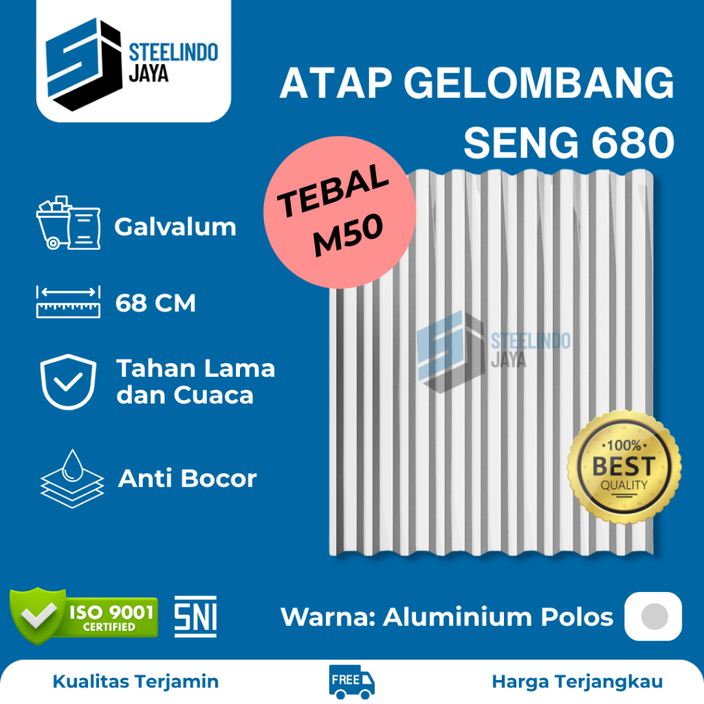 Atap Seng Gelombang Aluminium Lebar 680mm Tebal 0,50mm (M050) Panjang 1 - 6 Meter
