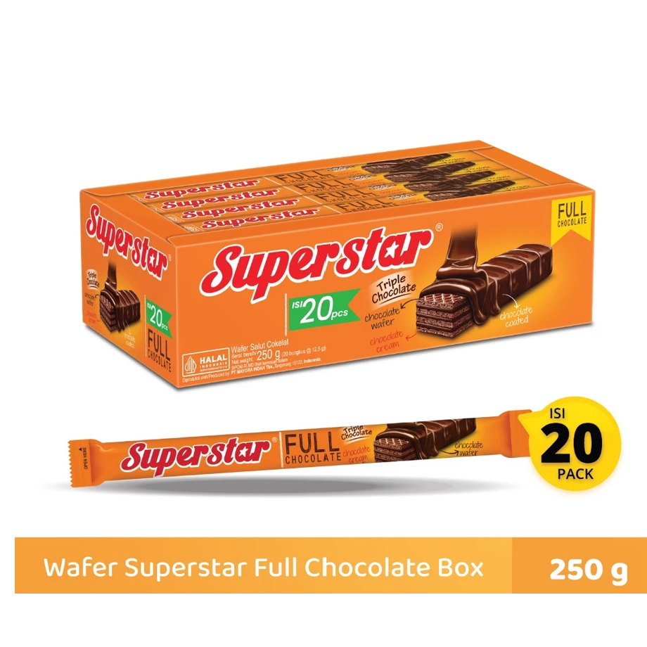 

SUPERSTAR WAFER COKLAT TRIPLE 1 BOX ISI 12 PCS / WAFER SUPERSTAR TRIPLE COKLAT ISI 12 PCS