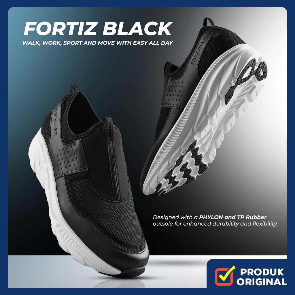 FORTIZ BLACK ORIGINAL x REYL MAN Sepatu Sneakers Slip On Hitam Putih Pria Kets Tanpa Tali Casual For