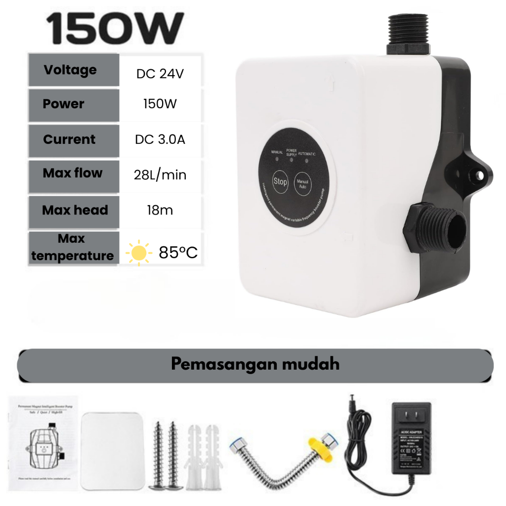 Pompa Air Dorong Booster DC 24V Pendorong Air Otomatis 150 Watt Kran Air Shower
