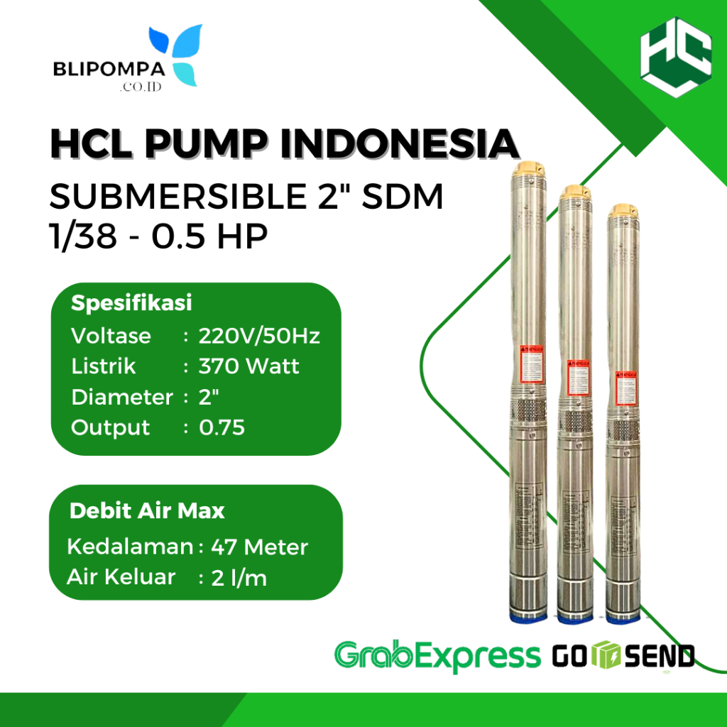 HCL PUMP SUBMERSIBLE 2” SDM 1/38 0.5 HP - pompa celup pompa satelit