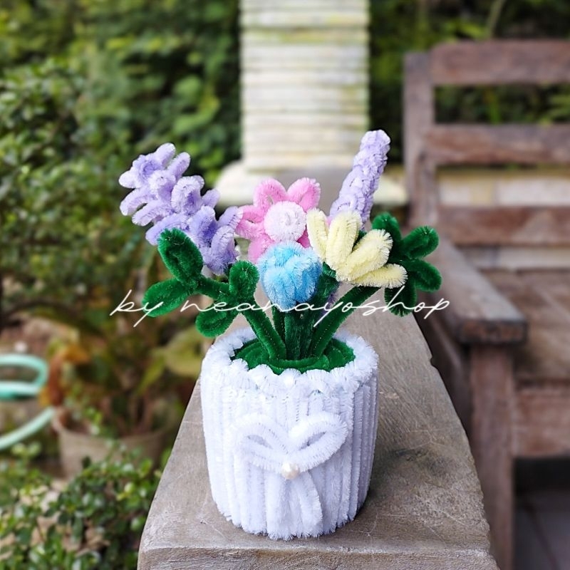 [TERMURAH] bunga pot kawat bulu | bunga inisial | bunga mix pot kawat bulu | bunga warna warni | hia