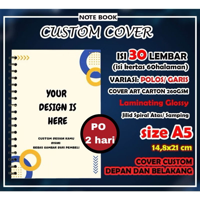 

Notebook/notes spiral custom A5 isi 30 lembar garis/polos