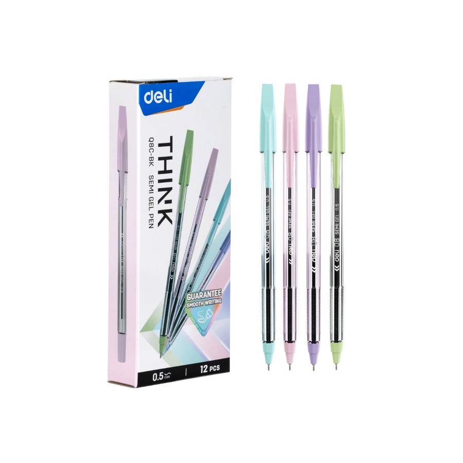 

Pulpen Ballpoint Tutup DELI Hitam Q8 0.5 mm Semi Gel Body Transparan