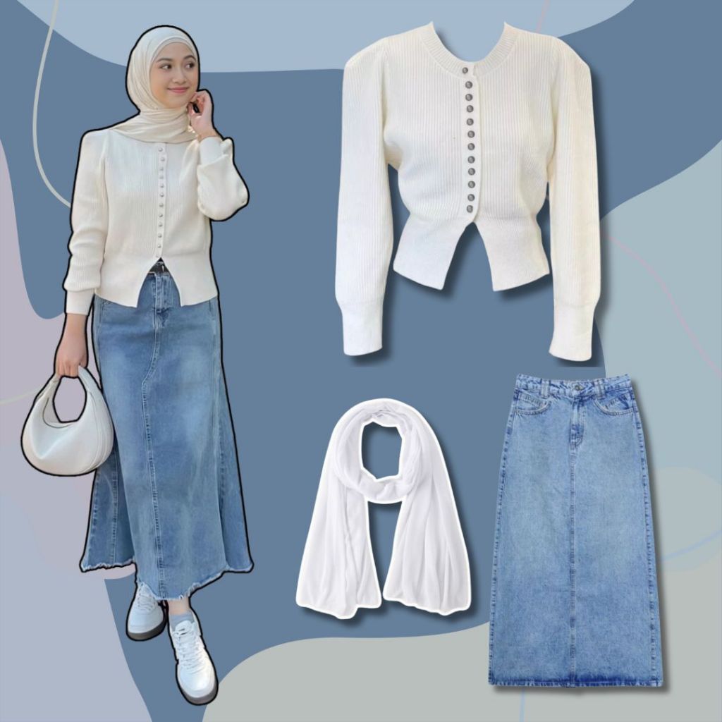 OOTD Rok Style | OOTD Hijab Style Kekinian | Set Rok Jeans Sweater Hijab | Set Rok Jeans | Bisa Beli