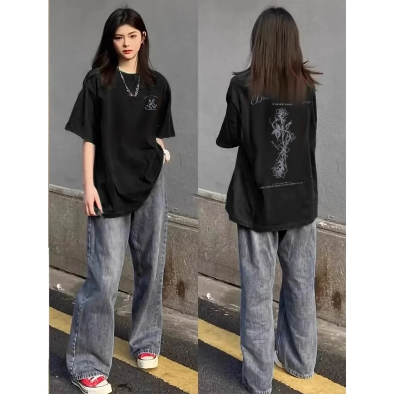 EUNII Kaos Wanita Lengan Pendek Motif Mawar/Kaos Ukuran Besar Korea Hitam/Atasan Kain Katun Sisir Be