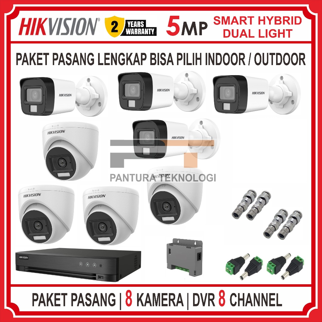 PAKET CCTV 8 KAMERA HIKVISION 5MP SMART DUAL LIGHT DVR 8 CHANNEL HUHI UP TO 8 MP LENGKAP SIAP PASANG