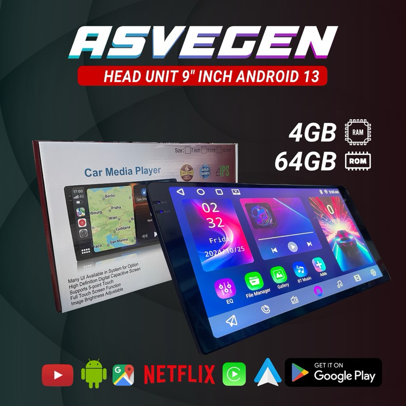 Asvegen Head Unit Mobil 9 inch Android 13 RAM 2/4 32/64