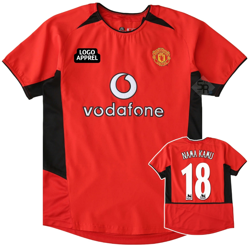 Jersey Retro Mnchstr Untd Home 2002 2003 2004 Merah Baju Bola Emyu MU Vintage Vodafone Pasang Custom