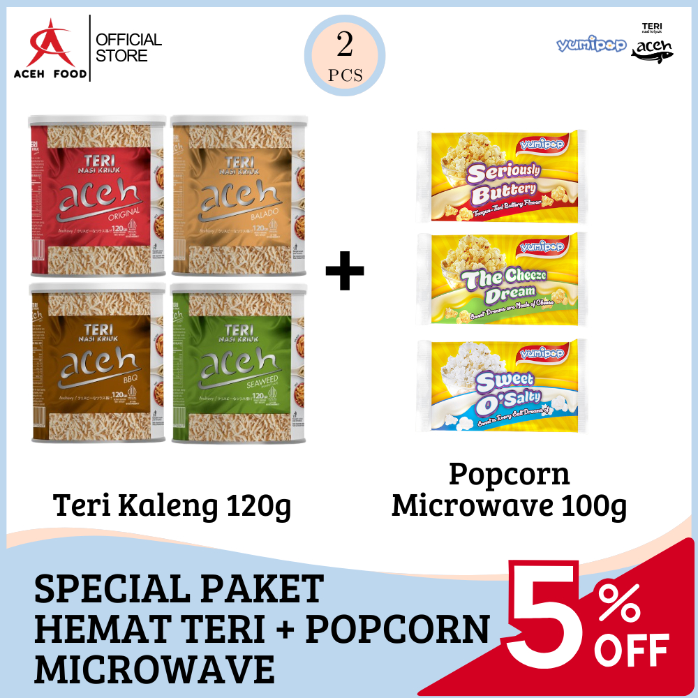 

Special Bundling Paket Hemat Teri Kaleng 120gr dan Yumipop Microwave Popcorn 100g | Makanan Ringan Rasa Original, Balado, BBQ Barbeque (BBQ), Rumput Laut, Butter, Keju, Asam Manis | Snack Camilan Jajanan Crispy Halal Praktis | Lauk Makan | Aceh Food