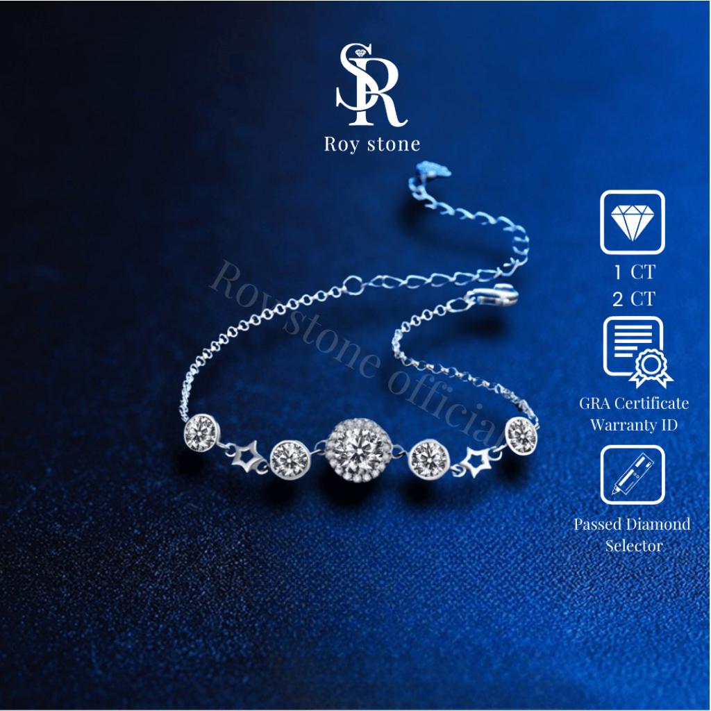 RoyStone - Gelang Luxury Round Bracelet Perhiasan Moissanite Sertifikat GRA Original Lapis Emas 18K