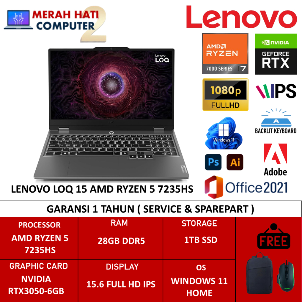Laptop Gaming Lenovo LOQ 15 AMD Ryzen 5 7235HS RTX3050 28GB DDR5 1TB SSD FHD IPS Backlite Win 11