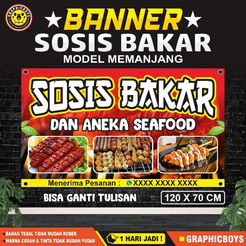 Spanduk Sosis Bakar dan Seafood Bakar, Banner Sosis Bakar dan Seafood Bakar Terbaru Ukuran 120 X 70 