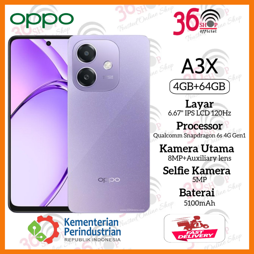 Oppo A3X [4GB+64GB] [4GB+128GB] [6GB+128GB] - Qualcomm Snapdragon 6s 4G Gen1 - Battery 5100 mAh - Ga