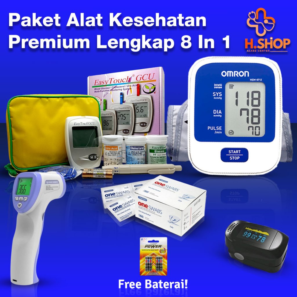 Paket Lengkap Alat Kesehatan 5 in 1 Tensimeter Digital Omron 8712 Original Oxymeter Thermometer GCU 