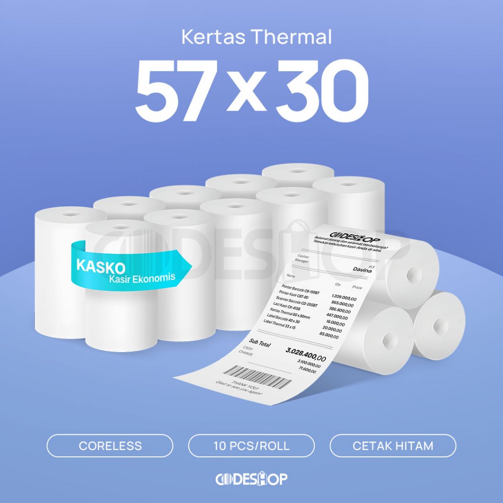 

Kertas Thermal 57x30 mm Kasko Kasir Ekonomis Codeshop Paper Roll 58x30 Struk Termal 57mm x 30mm