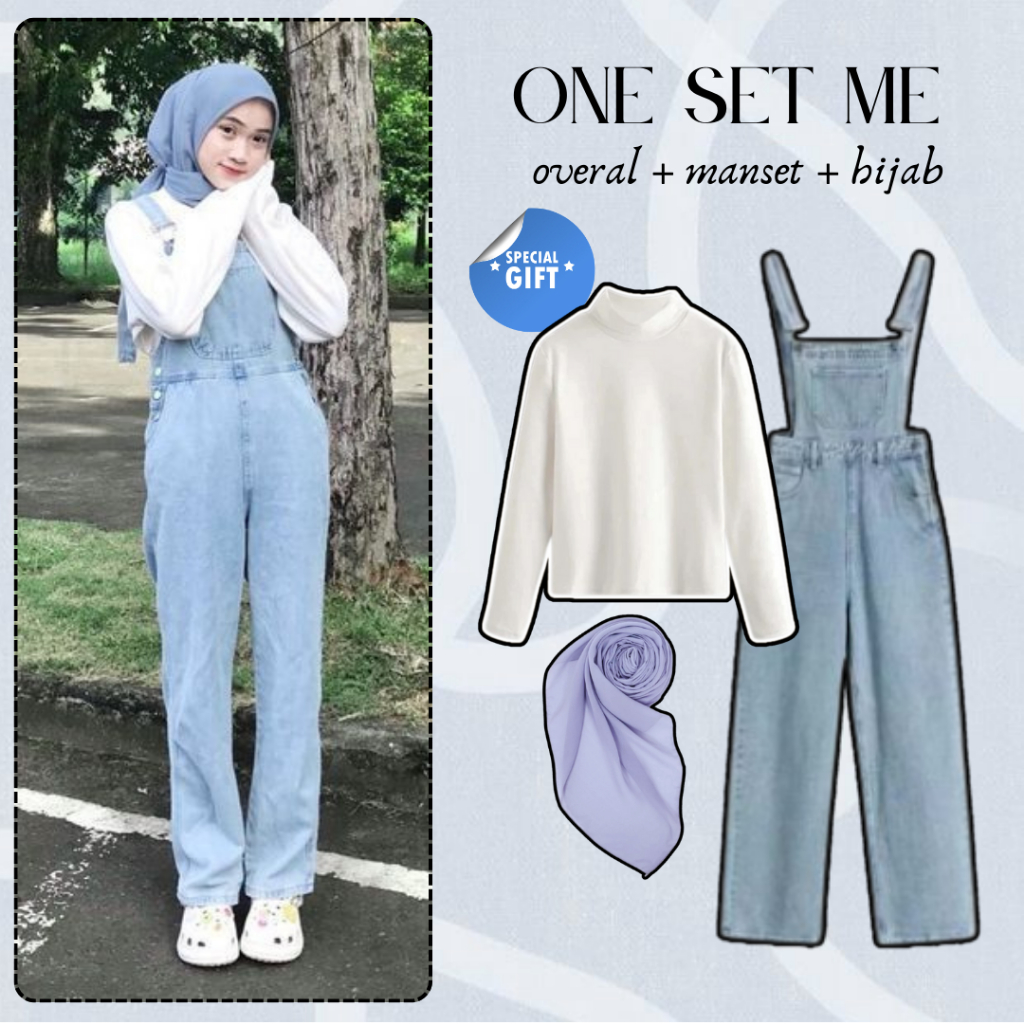 One Set Wanita Korea ( Overal + Manset + Hijab ) OOTD Wanita Hijab Kekinian GL46