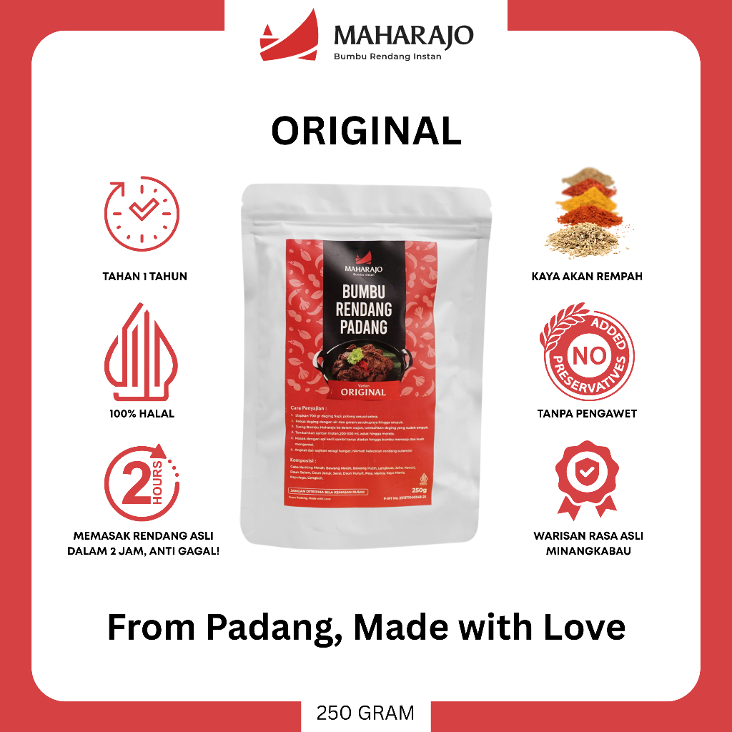 

[1 POUCH Original] Maharajo Bumbu Rendang Instan 250g – Bumbu Rendang Padang Asli Minang, Praktis, Cepat, Tahan Lama, Pasterisasi, Tanpa Pengawet, No MSG, Halal, Mudah Dimasak, Cocok untuk Daging, Ayam, Rasa Autentik, Premium, Best Seller