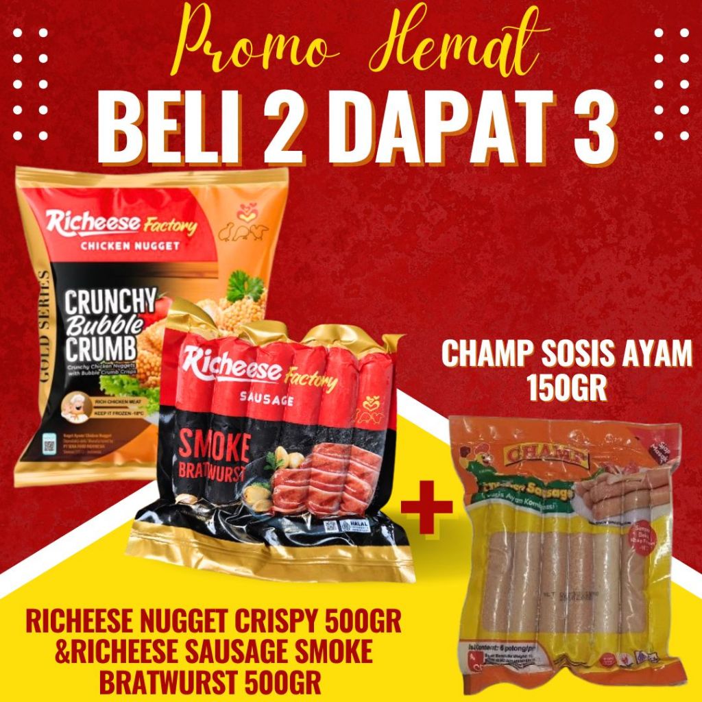 

BELI 2 DAPAT 3 RICHEESE NUGGET CRISPY BUBBLE+ SOSIS BRATWURST FREE CHAMP SOSIS AYAM 150GR
