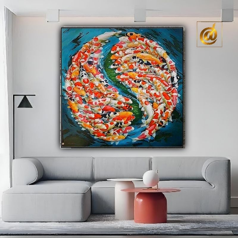 lukisan ikan koi 99 ekor yinyang fengshui 100x100 cm plus frame