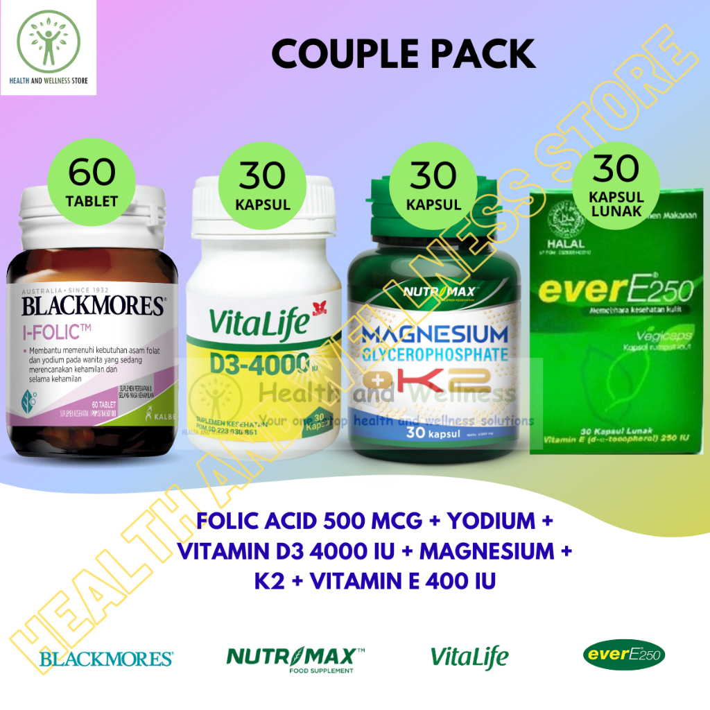 PAKET BLACKMORES I FOLIC 60 TABLET VITALIFE VITAMIN D3 4000 IU NUTRIMAX MAGNESIUM K2 EVER E 250 IU 3