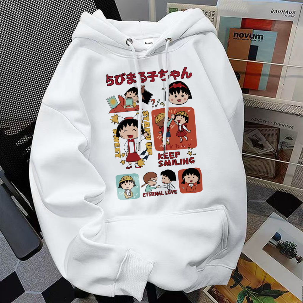 Jessica Hoodie Wanita Korean Style Terbaru Kekinian Trendy Gambar Kartun Chibi Maruko Lucu Bahan Mil