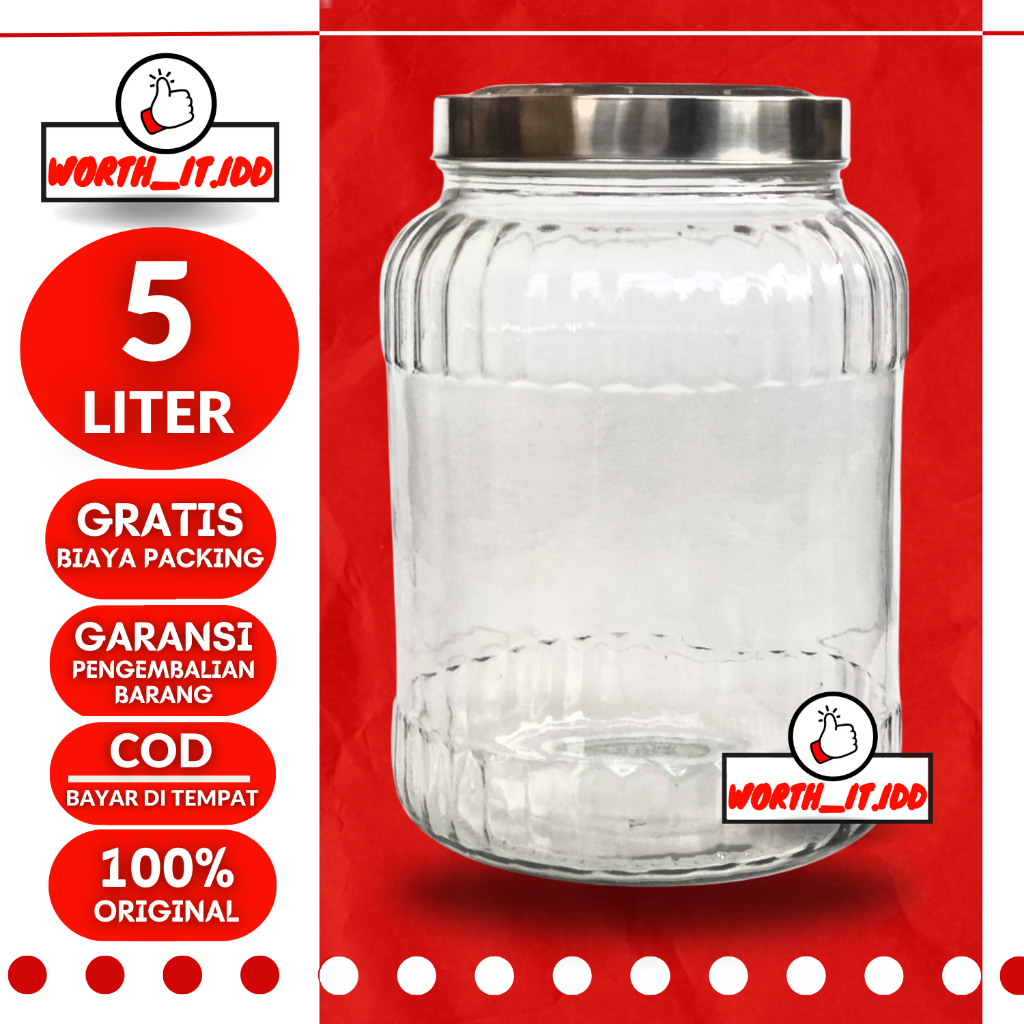 TOPLES KACA KEDAP UDARA 5 LITER TUTUP STAINLESS STEEL PEGANGAN TEMPAT PENYIMPANAN MAKANAN KACA 5 LTE