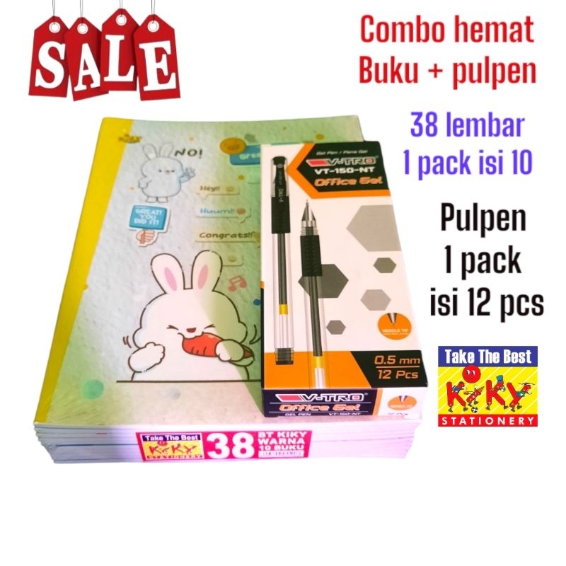 

Paket hemat Buku Tulis kiky 38 LEMBAR 1 PACK = 10 BUKU + Pulpen V-TRO office gel 1 pack isi 12 pcs